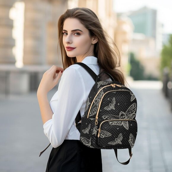 Black Gothic Skull Butterfly Moth Mini Backpack for Women, Water-Resistant Polye - Picture 2 of 7